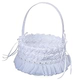 MUELODSIC Eleganter Kleiner Blumenmädchenkorb aus Weißer Spitze mit Henkel Handlicher Blumenkorb für Hochzeitsfeier Rosenblätter und Romantische Dekoration