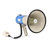 VONYX MEG060, Megafon mit Sirene und Mikrofon, Aufnahmefunktion, 60 Watt, bis 1 KM, MP3, USB, SD, AUX, Megaphon mit Umhänge-Gurt, blau-weiß