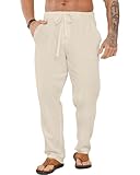 LVCBL Herren Baumwoll Leinen Losehose mit Kordelzug Sommer Strandhose Khaki M