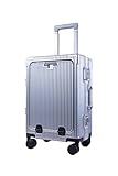 TCTNT Koffer mit Aluminiumrahmen, 50,8 cm, Handgepäck, mit Laptopfach + Getränkehalter, Silber, silber, Hartschalen-Tragetasche mit Spinner-Rädern