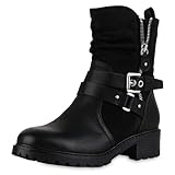 VAN HILL Damen Biker Boots Blockabsatz Schnallen Trendy Schuhe 216382 Schwarz 38