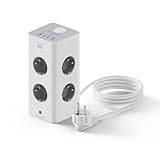 Ewent 12-in-1 Mehrfachsteckdose, 8 Fach Mehrfachsteckdose mit 2 USB C und 2 USB A, Überspannungsschutz, Mehrfachstecker mit Schalter, Steckdosenturm 3680W/16A, 2m Kabel, für Zuhause, Büro, Weiß/Grau