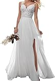 JAEDEN Damen Brautkleider Spaghettiträger Hochzeitskleid Boho Spitze Strand Braut Kleid A-Linie Standesamtkleid Weiß 40