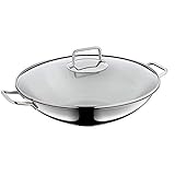 WMF Macao Wok-Set Induktion 2-teilig, Wok-Pfanne 36 cm mit Glasdeckel, Cromargan Edelstahl poliert, unbeschichtet