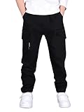 CAMLAKEE Cargohose Jungen Jogginghose Kinder Cargo Hosen Jungs Arbeitshose mit Elastischem Bund Schwarz DE: 128-134 (Herstellergröße 130)