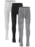 JEATHA 3 Paar Strumpfhose Mädchen Kinder Baumwolle Kinderstrumpfhose Warme Strümpfe Leggings Tanzkleid-Zubehör Schuluniform Schwarz & Weiß & Grau 128-152