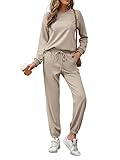REORIA Damen Tracksuit Langarm Rundhalsausschnitt Einfarbig Zweiteiler Outfit Hoodie Jogger Trainingsanzug Set Sweatshirt & Jogginghose Khaki XL