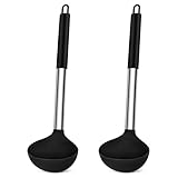 HaWare Suppenkelle, 2 Stück Silikon Schöpflöffel, 30cm Schöpfkelle mit Edelstahlgriff, Groß Soßenkelle zum Servieren und Schöpfen von Suppen & Eintöpfen, Hitzebeständiger & Spülmaschinenfest, Schwarz