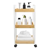 homewell Rollwagen Küchewagen mit 3 Ebenen, Servierwagen, Regal auf Rollen für Küche, Schlafzimmer, Büro, Schwarz/Weiß + Holzfarbe, 20 * 30 * 80 cm (Weißer Rahmen + Holztablett)