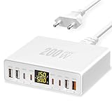 USB C Ladegerät Mehrfach 8-Port mit LED Anzeige, YSYFAD 200W GAN USB Ladestation PPS PD Type C Netzteil QC3.0 Schnellladeleistung Ladegerät USBC 45W Charger für iPhone iPad MacBook Laptops, Weiß