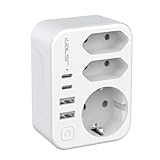 JSVER 3-Fach-Reiseadapter für Großbritannien mit 1 Schuko-Steckdose+2 EU-Steckdosen für England Deutschland 4USB,Typ G für Steckdosen in England, Irland, Dubai, den Malediven,Hongkong,Singapur (Weiß)