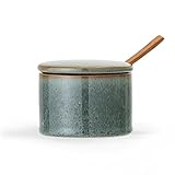 Bloomingville Gefäß mit Deckel und Akazienlöffel Pixie, Farbe Grün/Braun, 200 ml, Spülmaschinengeeignet – Ideal zur Aufbewahrung von Zucker, Gewürzen & kleinen Küchenzutaten