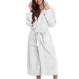 Damen-Bademantel mit Kapuze, leicht, weich, Plüsch, lang, Flanell, Nachtwäsche, Kapuzen-Bademantel, lang, warm, Damen-Sweatshirts, weiß, 3XL