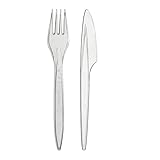 daybays Plastikbesteck Set 100x Plastikgabel 100x Plastikmesser Mehrweg Geschirrset Partybesteck Plastikgeschirr Mehrwegbesteck Spülmaschinenbeständig (Transparent, 100Gabel+100Messer)