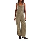 Generisch Weite Cord-Latzhose für Damen, lockere Passform, verstellbare Träger, lange Latzhose mit weitem Bein und Taschen. (Khaki,M)