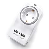 Doppelstecker für Steckdose mit USB,Mehrfachsteckdose mit 1 Schuko 16A und 2 USB Netzstecker, Steckdosenadapter für Laptop/Smartphone, Multiplug für Heim und Büro,LED-Anzeige,Tag&Nacht Sensor,Weiß
