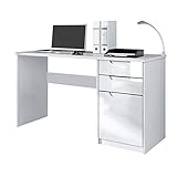 Vladon Schreibtisch Logan, Made in Germany, Bürotisch mit 2 Schubladen und 1 Tür, Weiß matt/Weiß Hochglanz (129 x 76 x 60 cm)