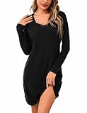 Aseniza Nachthemd Damen Langarm Schlafshirt Spitze Baumwolle Winter Sleepshirt Schlafkleid Nachtwäsche Nightgown V-Ausschnitt Schwarz XXL