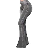 Baggy Jeans Y2k Damen Einfarbig Hohe Taille Elastische Bodenlang Schlagjeans Strechjeansfür Damen Jeans Damen Grosse Grössen (Grey, S)
