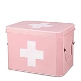 Flexzion Medizinbox, Hausapotheke Box, Apothekenbox - 21x16x15cm Medikamenten Aufbewahrung Box aus Metall für Notfall, Erste Hilfe Schrank, mit Seitengriffen, abnehmbarem Tablett & 4 Fächern, rosa