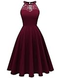 Bbonlinedress Abendkleider elegant für Hochzeit Sommerkleid Damen Festliche Kleider Neckholder Cocktailkleid Brautjungfer Spitzenkleid Burgundy XL
