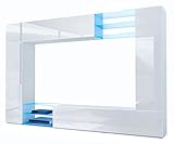 Vladon Wohnwand Mirage, Made in Germany, Anbauwand mit Rückwand mit 2 Türen, 2 Klappen und 6 offenen Glasablagen, Weiß matt/Weiß Hochglanz, inkl. LED-Beleuchtung (262 x 183 x 39 cm)