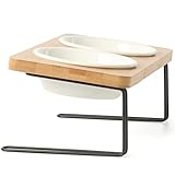 FUKUMARU Katzennapf Erhöht, 15° gekippte Futternapf für Katzen, mit rutschfestem Bambus und Metallhalter, Keramik Fressnapf und Wassernapf im Katzen Napfset für Katzen und Hunde