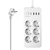 SPORWAY 6 Fach Flachstecker Steckdosenleiste: 6 Anschlüsse, mit 3 USB und 1 Typ C Anschlüsse, Steckdosenleiste mit Schalter und Überspannungsschutz, 2500W, Steckerleiste mit 2M Geflochtenem Kabel