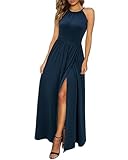 KILIG Maxikleid Damen Sommer Neckholder Sommerkleid Elegant Lang Kleid Hochzeitsgast Partykleid Schlitz Freizeitkleid (Navy,XL)