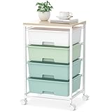 SYKIARIOL Rollwagen Badrollwagen mit 4 Schubladen, Aufbewahrungswagen auf Rädern mit Holztischplatte,Rollwagen für Küche,Wohnzimmer, Schlafzimmer,Einfache Bewegung, Grün