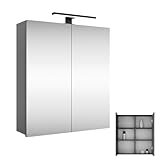 Planetmöbel Merkur Spiegelschrank Bad mit Beleuchtung 60 cm breit | Badschrank hängend mit Spiegel | Matt-Schwarz LED Beleuchtung | Anthrazit