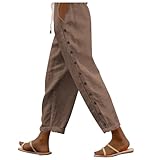 Damenhose für den Sommer, 7/8, hohe Taille, elastisch, lässig, Caprihose mit dekorativen Knöpfen, leicht, robust, Strandfarbe, breit, mit Taschen, Strandhose mit Taschen, Nr. 47, Small
