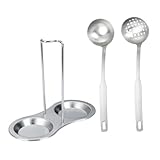 SOIMISS Edelstahl Suppenkellen mit Aufbewahrungsrack Hitzebeständig Rostfrei Langem Holzgriff Praktisches Küchenutensilien für Hot Pot Zuhause und Gastronomie