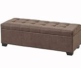 Ottomane Fußbank mit Stauraum und getuftetem Leinenstoff-Sitz, Massivholz, Schuhbank für Schlafzimmer oder Wohnzimmer, Braun, 90 cm