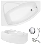 VBChome Badewanne 140x90 cm Acryl SET Schürze Siphon Wanne Ecke Eckbadewanne Weiß Design Modern Ablaufgarnitur Wanne links Schürze Ablaufgarnitur Füße