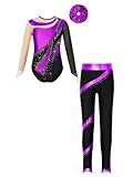 Chaoyinn Kinder Kombianzug Leggings Bandeau Body Stramm Jeans Streifen Mädchen Ensemble Kostüm Turnen Kunstlaufen Wettbewerb Show Lila 134-140