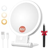 Auxmir Kosmetikspiegel mit Beleuchtung, 30X/1X Doppelseitig Schminkspiegel mit Licht, Dimmbar Tischspiegel, 3 Farblichter, 2000 mAh, Faltbar Vergrößerungsspiegel für Zuhause Reise Kosmetik