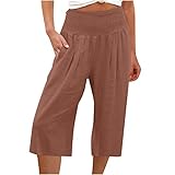 Keepink Damenhose, Capri-Leinenhose, Sommer, lässig, elastisch, hohe Taille, gerades Bein, kurze Hose, bequeme Lounge-Hose, Damen-Trainingshose, kurz, Übergröße 36-46, 3 Kaffee, 44
