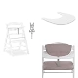 hauck Hochstuhl Alpha+ inkl. Essbrett Alpha Click Tray White und Sitzkissen Deluxe Stretch Beige - Mitwachsender Holz Babyhochstuhl ab 6 Monaten, inkl. Essbrett & Sitzauflage - White