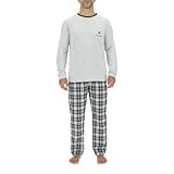 Pyjama für Herren, lang, Baumwolle, Nachtwäsche, Set aus T-Shirt und Hose, Grau meliert/Schwarz, XXL