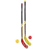 Bandito FunHockey Schlägerset inkl. Bälle für Kinder, Floorball für Garten, Floorball Stick, Streethockey Outdoor, Linkshänder, Rechtshänder, 2 Bälle und Schläger, rot und gelb