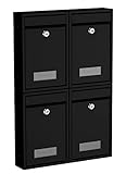 BASI | 4er Set Briefkasten | Wandbriefkasten Kompaktbriefkasten | DIN B5 | Namensschild jeweils 2 Schlüssel | Befestigungsmaterial | Briefkastenanlage | Stahlbriefkasten | Schwarz Matt | 4 Stück