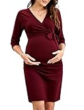 KOJOOIN Damen Elegant Umstandskleid V-Ausschnitt Schwangerschaftskleid Stillkleid mit Falten Etuikleid Weinrot(3/4 Ärmel) M