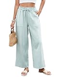 HAPYWER Leinenhose Damen Weites Bein Sommerhose Leichte Strandhose Palazzo Hose Lang Stoffhose High Waist mit Gummizug Palazzo Strandhose mit Taschen(HellGrün,M)