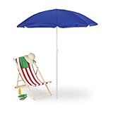 Relaxdays Sonnenschirm, Ø 160 cm, knickbar, höhenverstellbar, UV-Schutz, Strandschirm mit Tasche, Strand & Balkon, blau