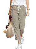 Hose Damen Leinen Sommerhose 7/8 Casual Leichte Baumwolle Leinenhose Stoffhose Bequeme Luftige Freizeithose Strandhose Mit Taschen (Khaki, M)