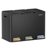 SONGMICS HOME Mülleimer Küche, 3 x 15 L Fächer, Abfalleimer mit farbcodierbaren Pedalen, Mülltrennsystem, mit Deckeln und Inneneimern, Stahl, tintenschwarz LTB740B02V1