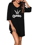 Bresdk Nachthemd Damen Langarm Schlafshirt Kurz Sleepshirt Baumwolle Nachtwäsche - Süßer Katzendruck Knielang Nachtkleid S-3XL Schwarz - Queen XL