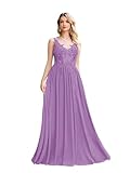 CLcaojun Chiffon-Spitzen-Applikation, Pailletten, doppelter V-Ausschnitt, Brautkleid, Mutterkleid, Spaghettiträger, A-Linie, Perlen, Abschlussball-Abendkleid, Flieder, 34