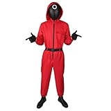 Squid Kostüm für Kinder Erwachsene Game 2 Spiel Karneval Kostüme Fasching Costume Soldat Cosplay Rot/Schwarz Overall mit Kapuze Set (Ohne Maske) 003